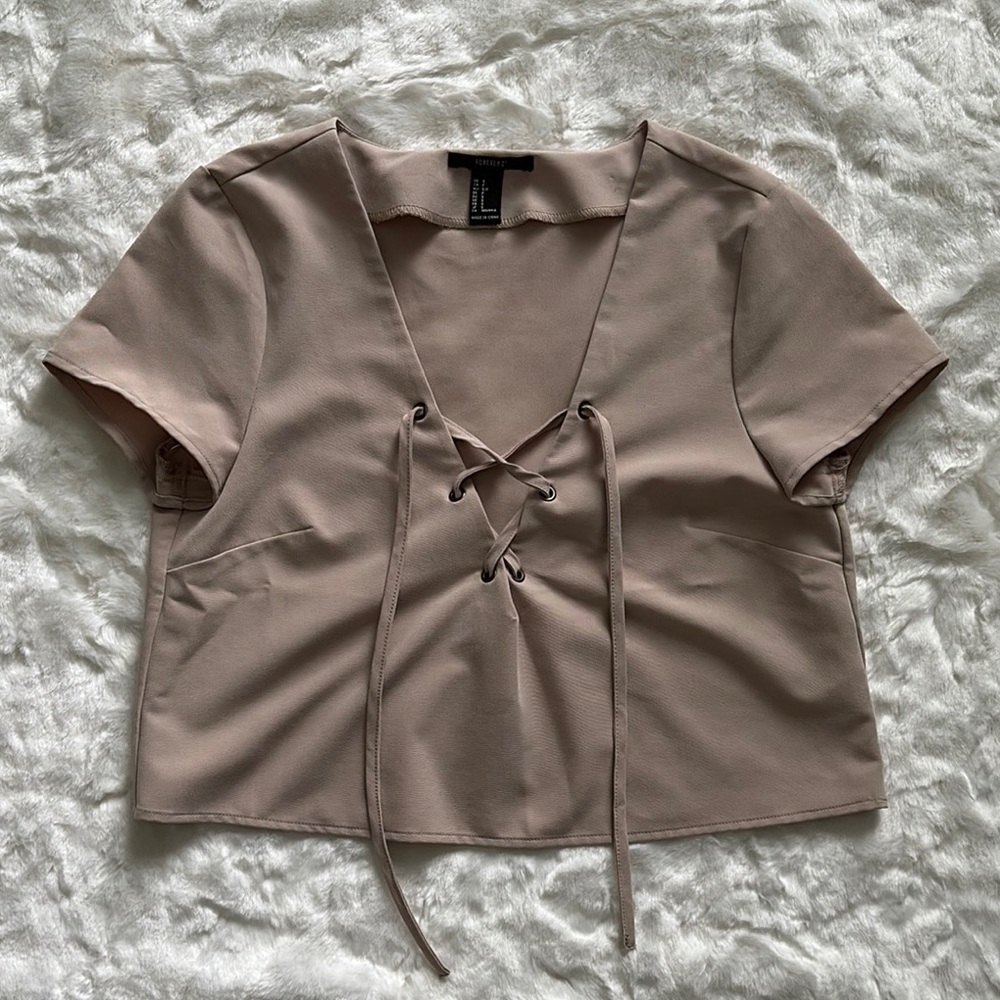 Forever 21 Brown Crop Tie Front Blouse